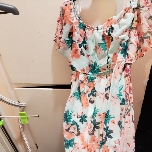 BLUE DRESS SILK FLOWER PRINT OFF SHOULDER MAXI MULTIPLE SIZES AVAILABLE - Picture 3 of 7